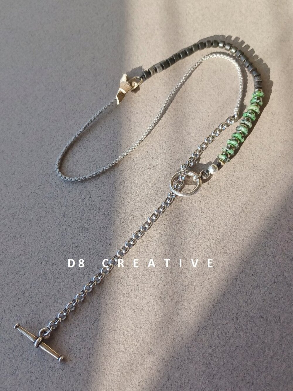 New men's green zoisite with onyx and pyrite stainless steel hand wrap necklace